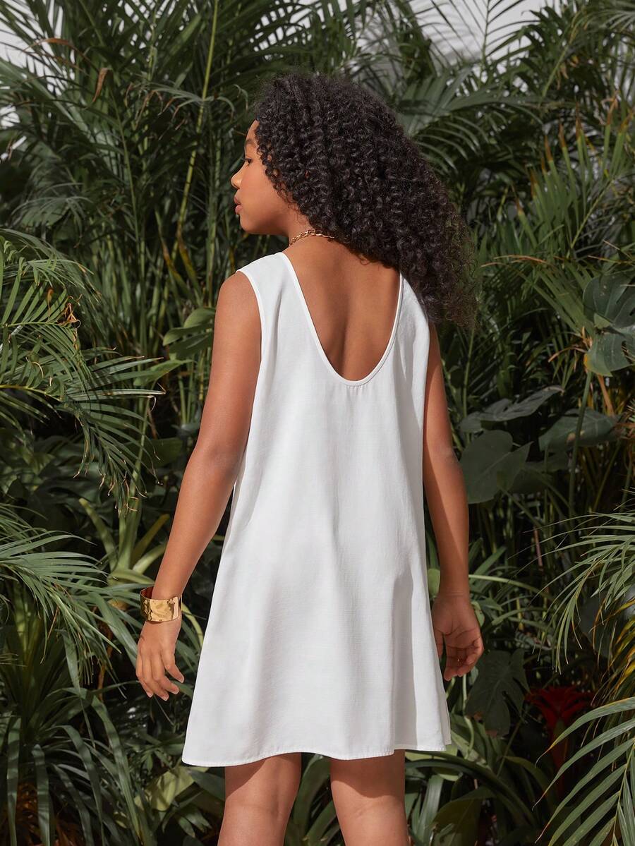SHEIN 少女休閒編織純色無背背心連身裙 - 白色 - 查看 1