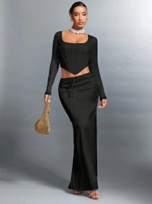 SHEIN BAE 緞面人魚款式低腰優雅長派對裙適用約會 - 黑色 - 查看 3