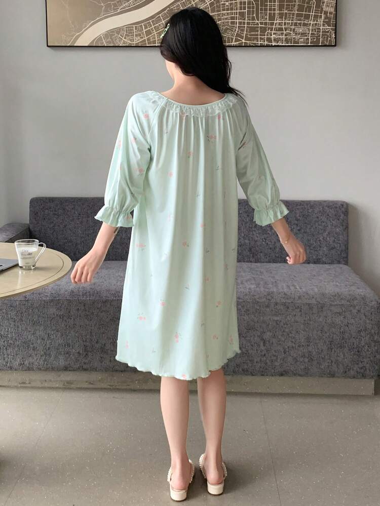 Patchwork Lace Cherry Printed Sleep Dress Pajama