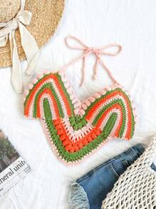 Soleia Women's Color Block Striped Open Back Knitted Tank Top With Halter Neckline - Multicolor - View 1