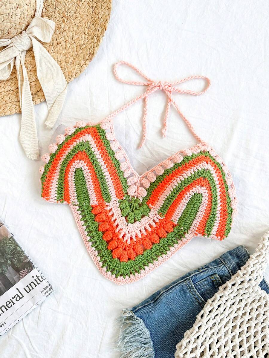 Soleia Women's Color Block Striped Open Back Knitted Tank Top With Halter Neckline - Multicolor - View 1