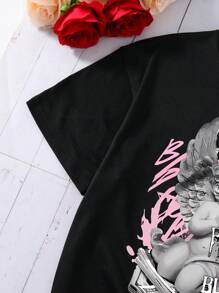 Dark Style Angel Wing Print Crew Neck Street Wear T-Shirt For Teen Girl Unique Design, Popular On INS Summer Holiday - Black - View 3