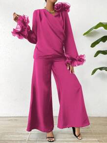 Chiquease 2pcs/Set Top And Wide Leg Pants With 3d Floral Decoration