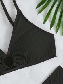 SHEIN Swim Summer Beach Solid Ring Linked Bikini - Black - View 3