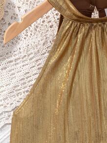 SHEIN Tween Girl Casual Vacation Metal Texture Halter Neck Shirt - Gold - View 4