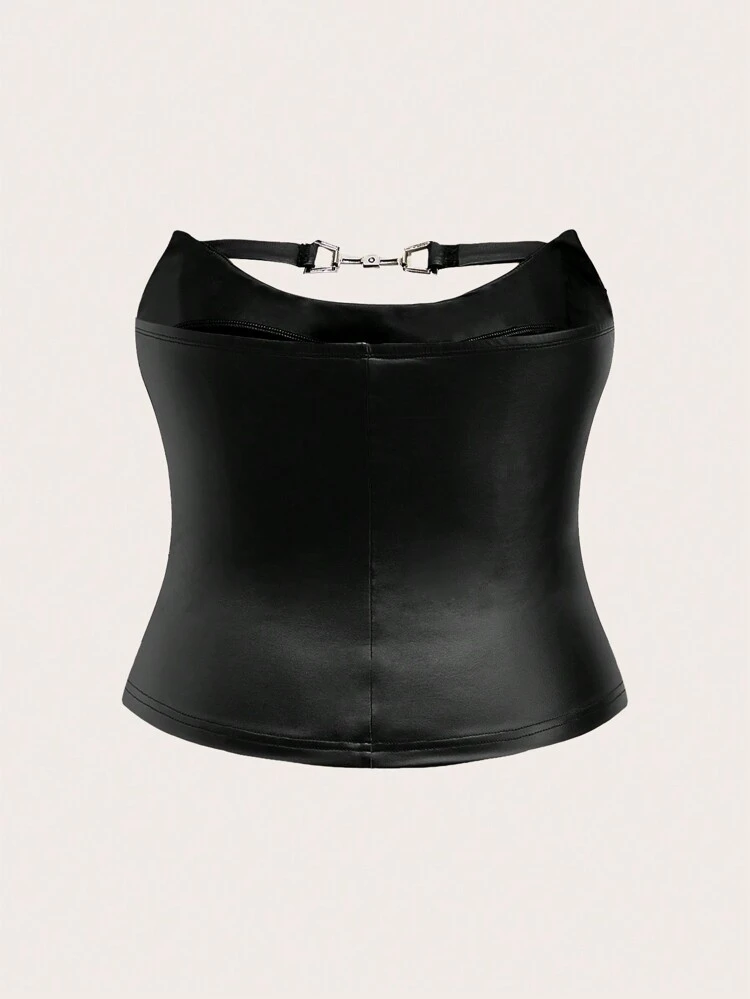 Plus Size Women's Metal Buckle Pu Leather Tube Top