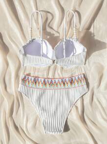 SHEIN Swim Summer Beach Embroidery Woven Texture Bikini Swimwear Set - White - View 2