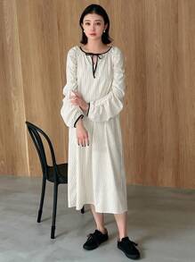 Của phụ nữ Xếp li Tay áo Sọc Tay áo dài Đầm - Màu Khaki - Xem 7