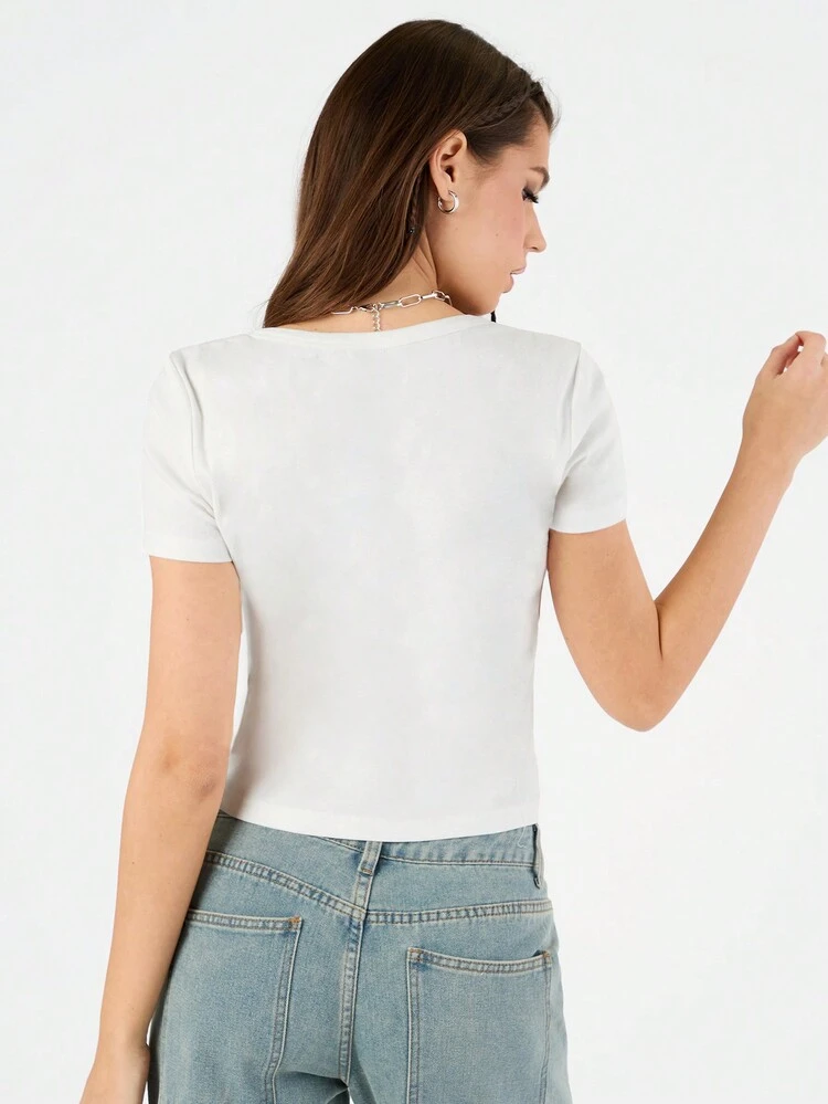 Women's Letter Printed Front Tie Cropped T-Shirt