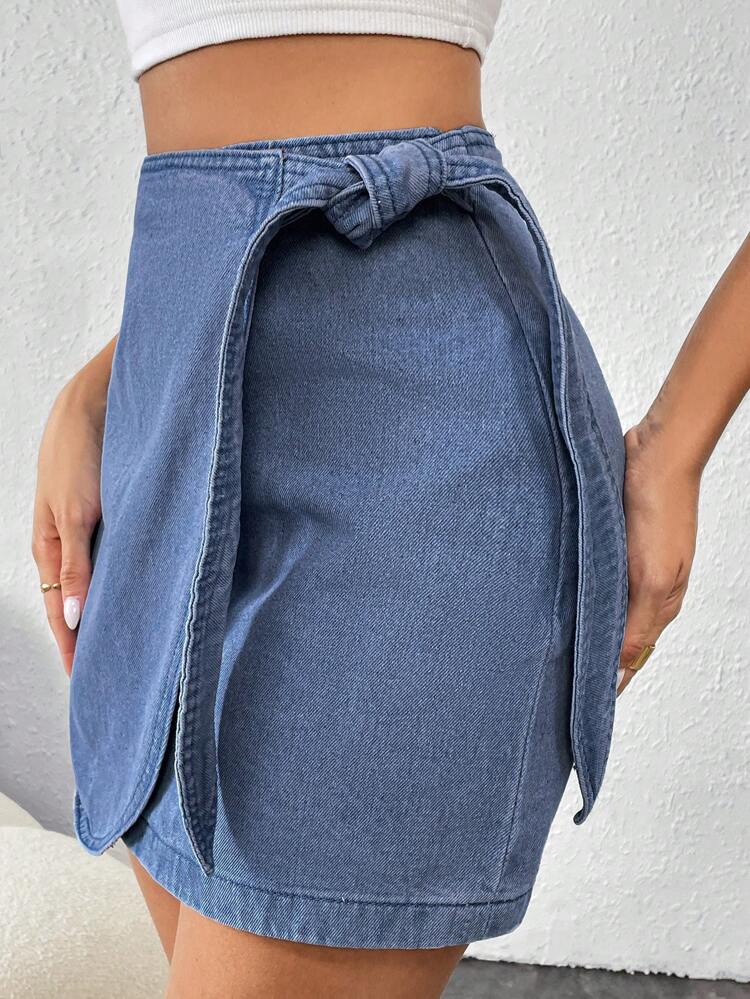 Summer Vacation Blue Loose Fit Vacation Style Wrap Around Denim Skirt With Tie