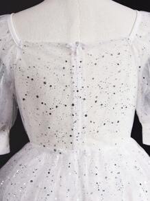 SHEIN Tween Girls Luxury Sequins Layered Mesh Ruffle Puff Sleeve Flower Girl Dress, Wedding Party Event, Birthday Ceremony Gown