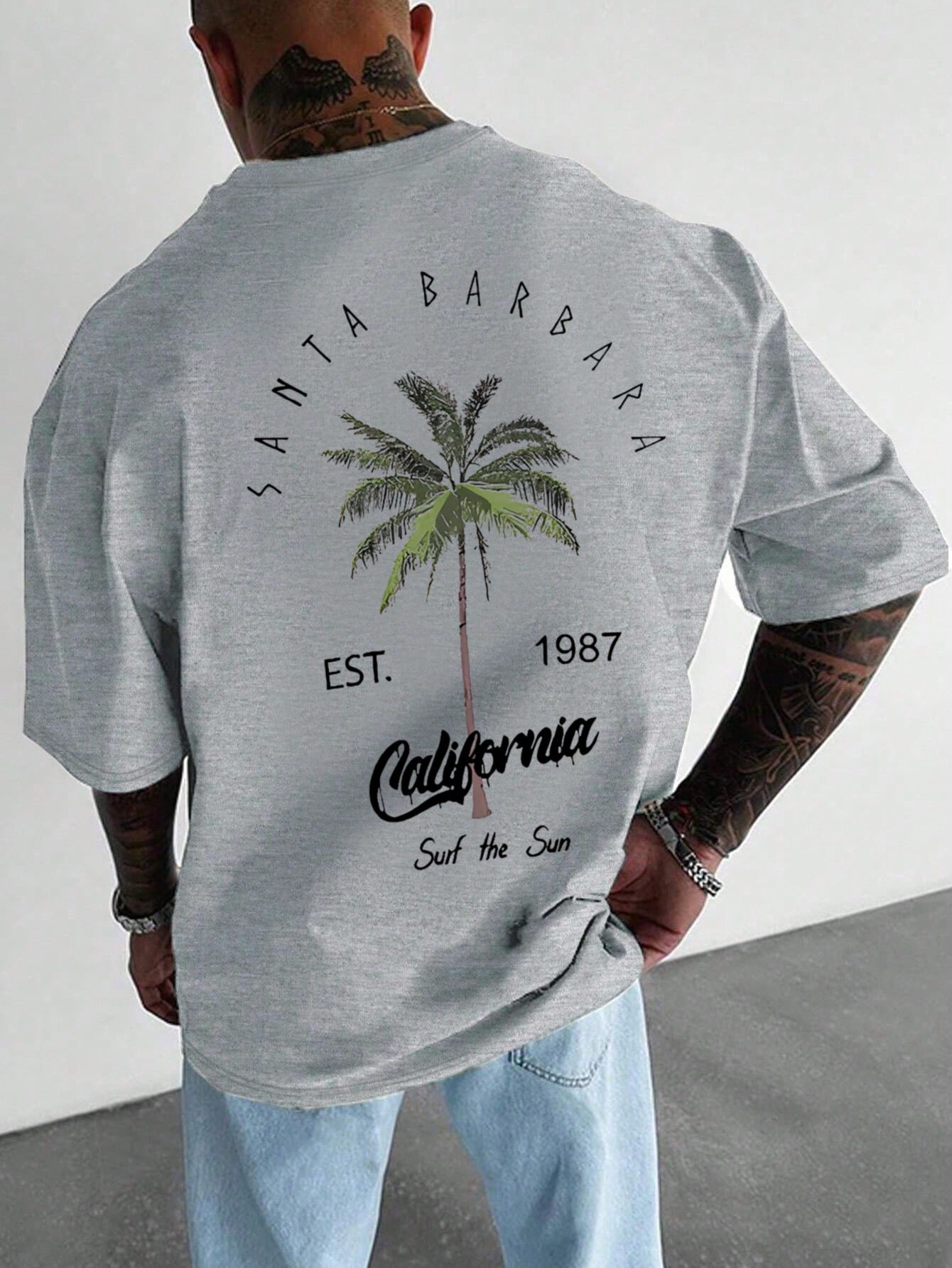 Men's Coconut Tree & Letter Print Crew Neck T-Shirt