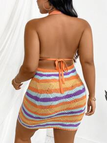 SHEIN Clasi Plus Size Women's Striped Halter Sweater Dress - Multicolor - View 2