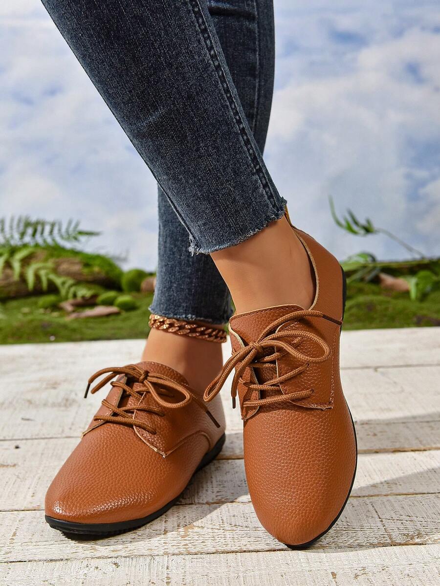 新款女式時尚舒適休閒圓頭綁帶運動鞋,防滑鞋底,大尺碼 - 棕色 - 查看 1