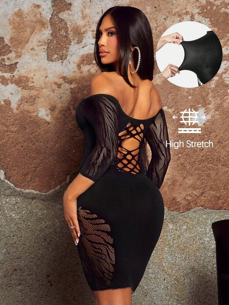 Music Festival Fashionable Ladies Sexy Black Hollow High Elastic Silk Elegant Party Nightclub Hottie See-Through Fishnet Back Details Large Hollow Splicing Long Sleeves Off Shoulder High Elastic Tight Dress