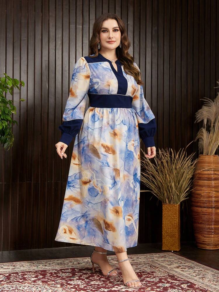 Plus Size Women's Floral Printed Notch V-Neck Long Sleeve Dress