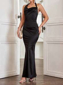 SHEIN Belle Solid Color Draped Collar Halter Neck Bridesmaid Dress With Fish Tail Hem