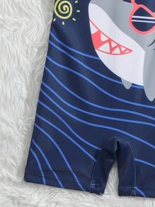 Baby Boy Shark Print One Piece Swimsuit With Swim Cap - Navy Blue - View 4