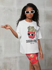SHEIN Tween Girl Casual Khoai tây chiên kiểu Pháp & Bộ áo ngắn tay in chữ và quần short có đường viền cổ tròn, mùa xuân/hè - Nhiều màu - Xem 5