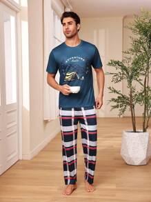 Herren Berg- Und Buchstabe-print-oberteil Mit Karierten Langhosen Homewear Set