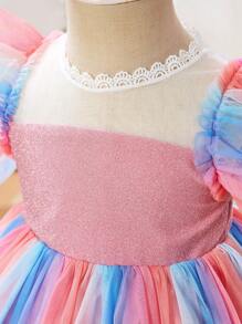 Baby Girl Contrast Mesh Splice Square Collar Dress - Multicolor - View 3