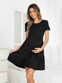 DEARCASE Maternity Casual Ruffle Hem Solid Color Dress For Summer - Black - View 5