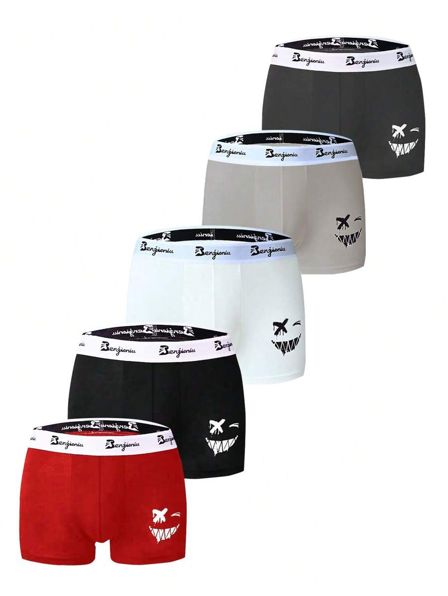 Notgurli 5PCS Men's 5 Letters Waistband Breathable Comfortable Cartoon Print Boxer Briefs - Multicolor - View 1