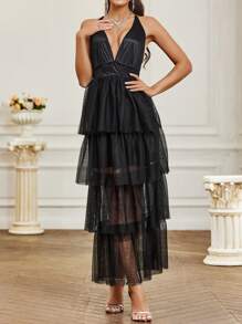 SHEIN Belle Solid Color Mesh V-Neck Halter Bridesmaid Dress With Patchwork - Black - View 6