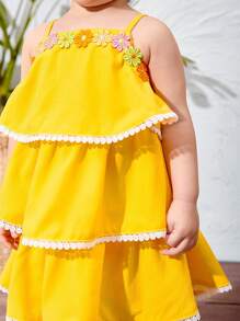 SHEIN Baby Girl Cute Vacation Style Ruffle Trim Floral Pattern Spaghetti Strap Dress