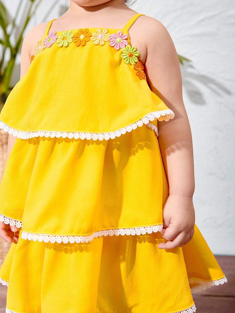 Baby Girl Cute Vacation Style Ruffle Trim Floral Pattern Spaghetti Strap Dress