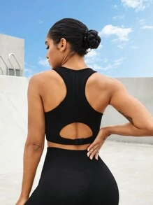 Easithlete Solid Color Round Neck Cut Out Sports Bra With Workwear Style Backless Sports Brayoga Suitblack Sports Brahigh Support Sports Bra - Black - View 5
