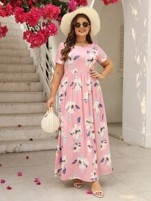 Nemidor Plus Size Floral Print Round Neck Empire Waist Midi Dress - Pink - View 3