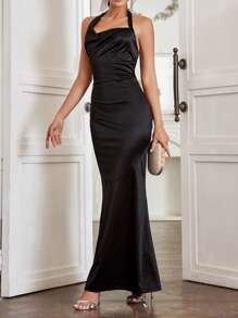 SHEIN Belle Solid Color Draped Collar Halter Neck Bridesmaid Dress With Fish Tail Hem