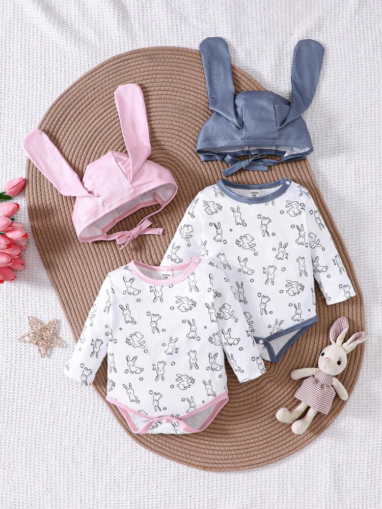 Baby Girl Simple & Cute Rabbit Printed Long Sleeve Romper, 2pcs/Set Home Clothes