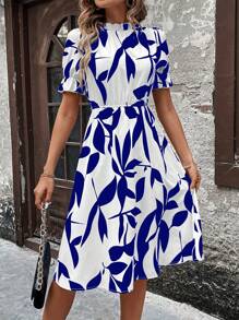 SHEIN Clasi Women's Plant Printed Asymmetrical Cut Ruffle Stand Collar Puff Sleeve Dress Maxi Women Outfit