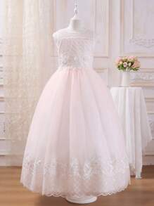 SHEIN Premium Flower Girls Dress For Weddings, Embellished Princess Style Net Tulle Gown For Teen Girls, Graduation Ceremony & Birthday Party
