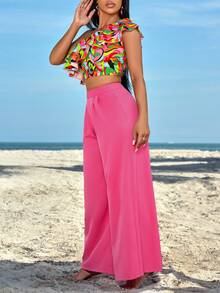 女士全印花單肩雙襯邊短上衣和純色寬腿褲套裝（隨機花紋） - 玫紅色 - 查看 4