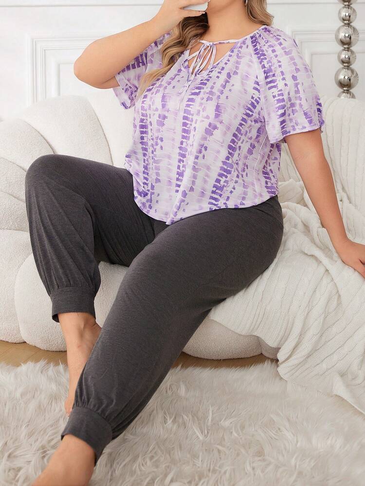 Plus Size Tie-Dye Short Sleeve Top And Pants Pajama Set