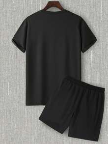 NITAGUT 男士標語小熊圖案休閒短袖t卹+短褲套裝 - 黑色 - 查看 2