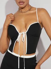 SHEIN Unity Contrast Tie Front Top & Pants Two Piece Set - Black and White - View 5
