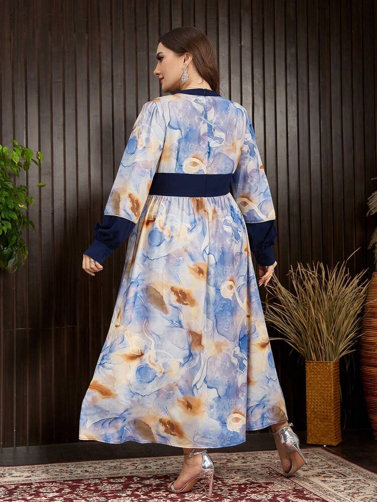 Plus Size Women's Floral Printed Notch V-Neck Long Sleeve Dress