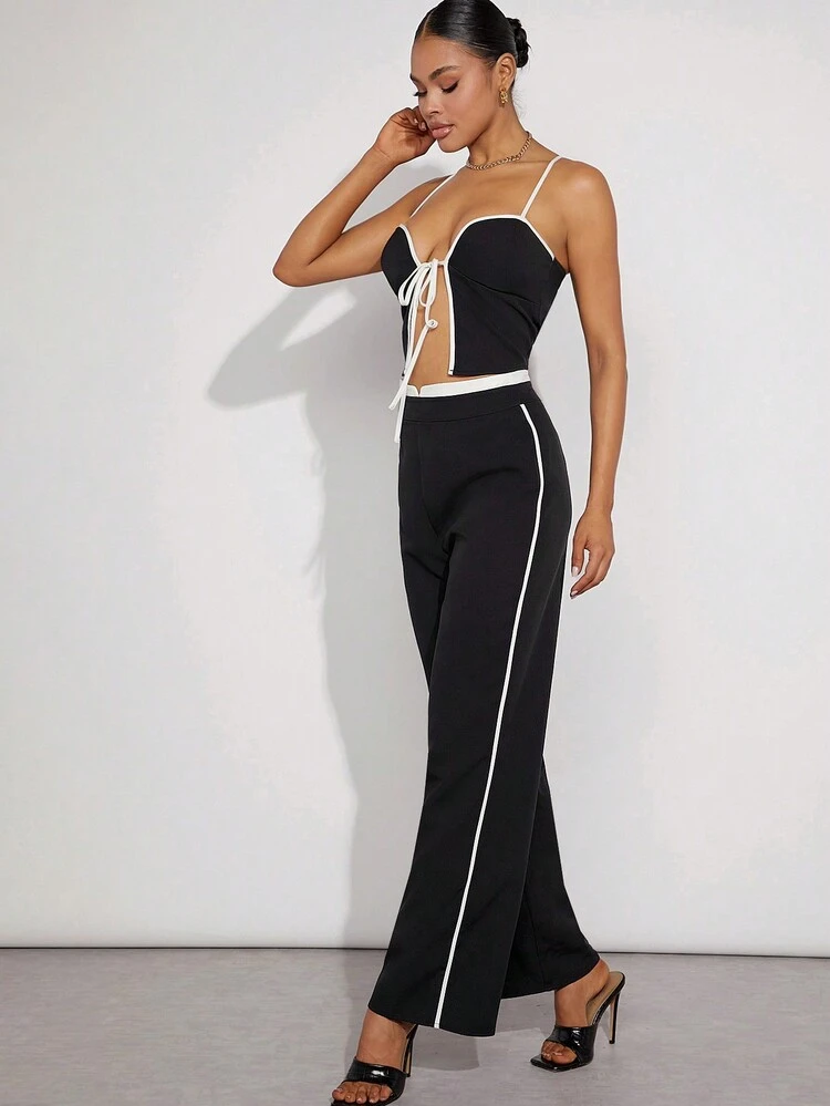 Contrast Tie Front Top & Pants Two Piece Set