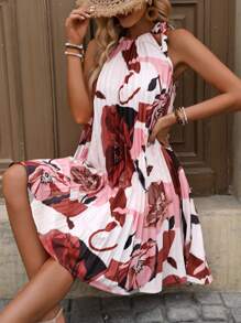 EMERY ROSE Floral Print Pleated Halter Neck Dress