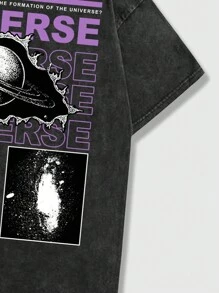 ROMWE MEN Street Life Męski T-shirt z krótkim rękawem i okrągłym dekoltem z nadrukiem w kształcie litery i planety, odpowiedni do noszenia na co dzień wiosną i latem, do szkoły