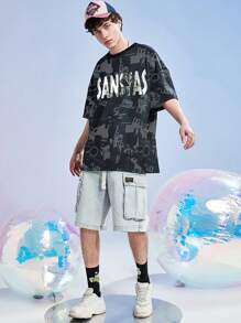 Men's Letter & Dollar Sign Printed Short Sleeve T-Shirt - Black - View 3