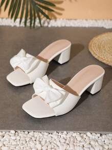 2025 新款时尚白色高跟凉鞋，优雅女士白色高跟鞋，休闲时尚蝴蝶结方头一脚蹬高跟鞋 - 白色 - 查看 3