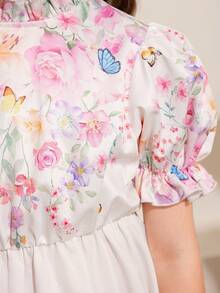 SHEIN Áo sơ mi ngắn tay kiểu dáng thường ngày cho bé gái tuổi teen, họa tiết hoa, viền bèo nhún và cổ đứng, thích hợp cho mùa xuân và mùa hè. - trắng - Xem 3