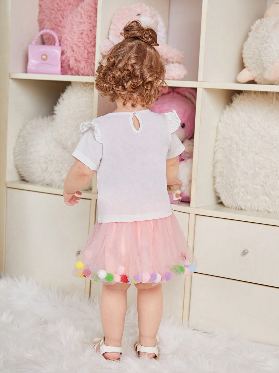 2pcs/Set Baby Girl's Pink And White Unicorn Pattern Top With Pom Pom Decor,Mesh Skirt For Summer,Cute 2nd Birthday,Casual Elegant Outings