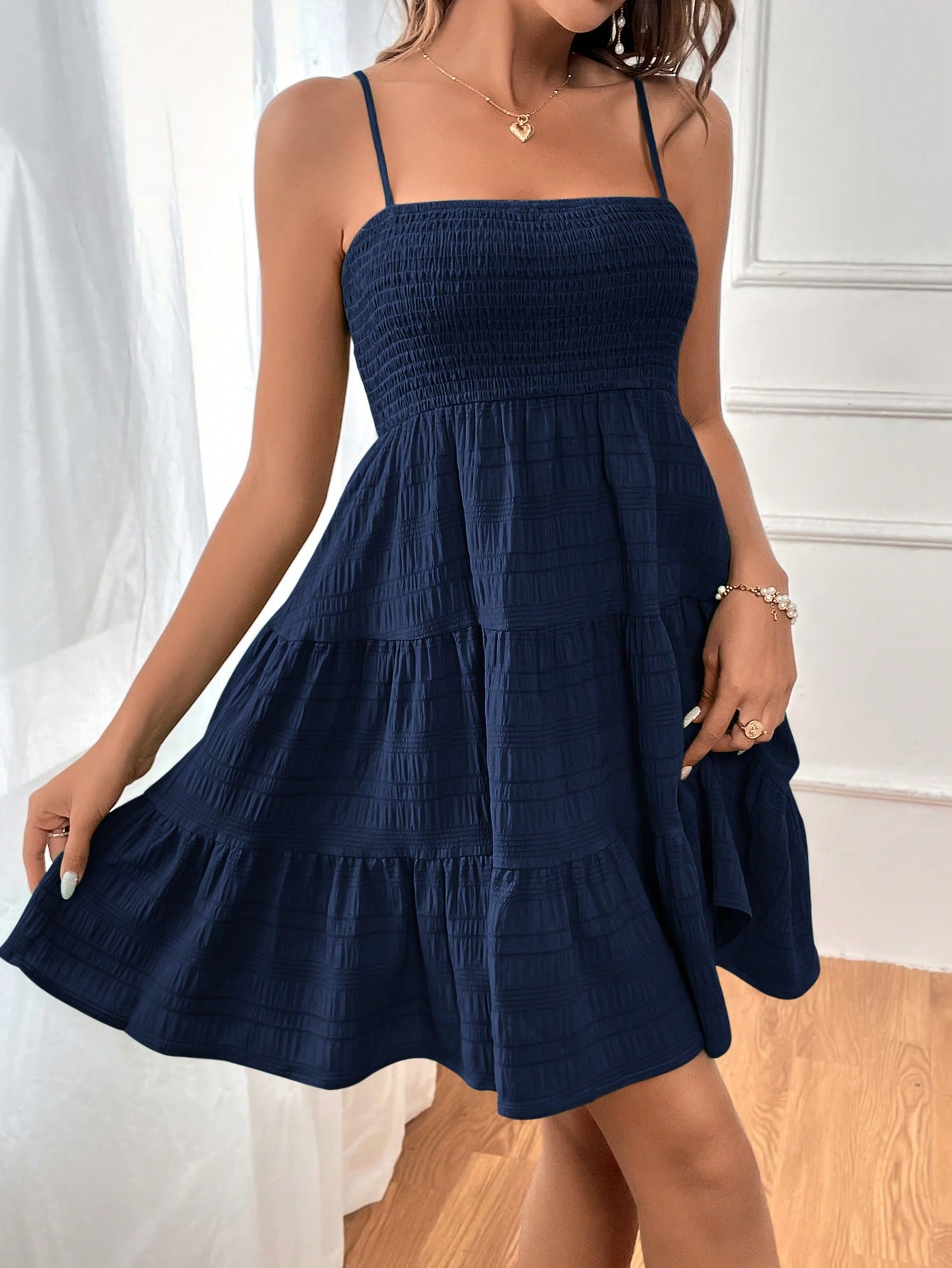 SHEIN WYWH Women's Solid Color Ruffled Hem Spaghetti Strap Dress