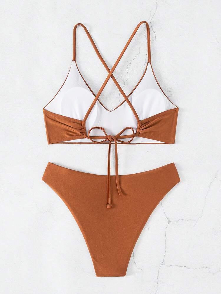 Solid Color V-Neck Spaghetti Strap Bra & Swim Bottom Bikini Set Bathing Suit For Summer Beach